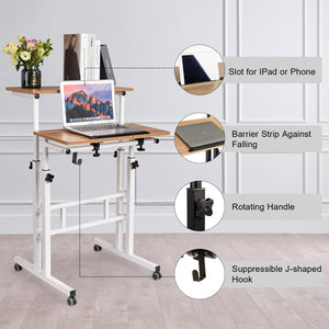 Mobile Standing Desk with Charging Station, Adjustable Standing Computer Desk, Standing Adjustable Laptop Cart with Wheels for Home Office Classroom Vintage Oak