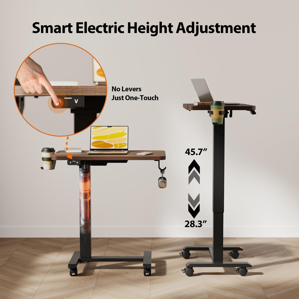 Electric Standing Desk, 26 x 16 Inches Height Adjustable Desk, Sit Stand up for Work Office Home, Ergonomic Rising Computer Table with with Wheels, Dark Walnut