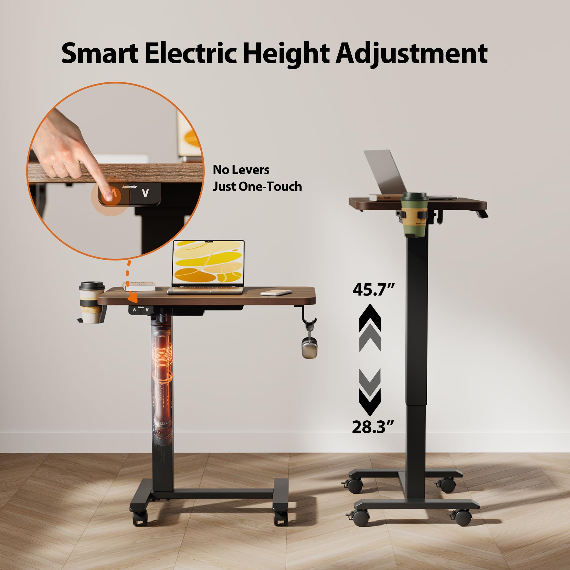 Electric Standing Desk, 26 x 16 Inches Height Adjustable Desk, Sit Stand up for Work Office Home, Ergonomic Rising Computer Table with with Wheels, Dark Walnut