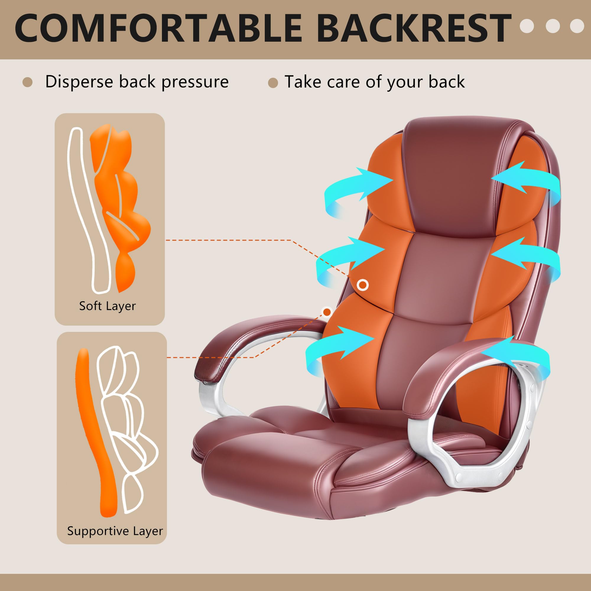Office Chair Computer High Back Adjustable Ergonomic Desk Chair Executive PU Leather Swivel Task Chair with Armrests Lumbar Support (Dark Brown)