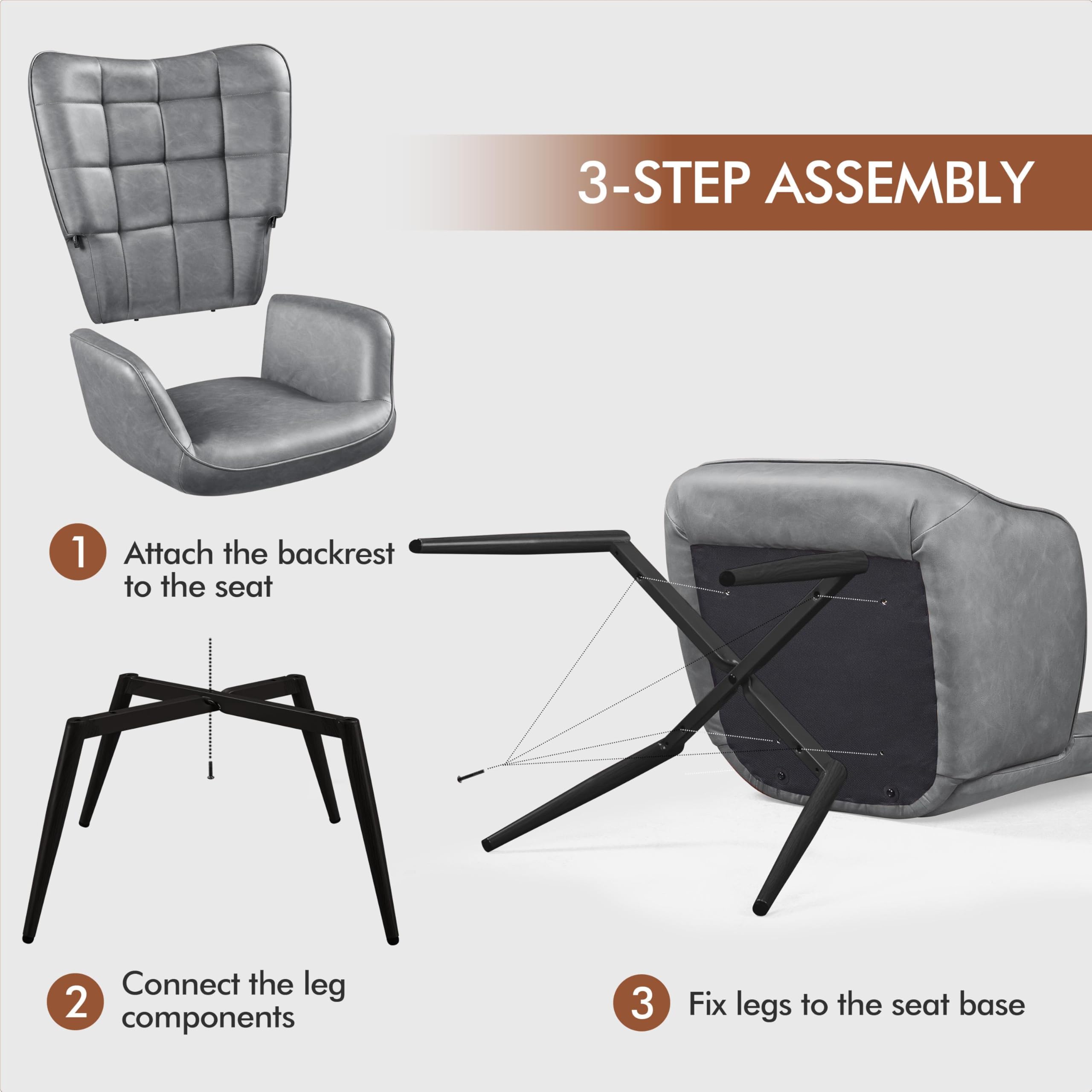 Accent Chairs, Large PU Leather High-Back Chair w/Metal Legs, Pottery Barn Style Living Room Chairs for Bedroom/Home Office, Gray, Set of 2