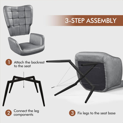 Accent Chairs, Large PU Leather High-Back Chair w/Metal Legs, Pottery Barn Style Living Room Chairs for Bedroom/Home Office, Gray, Set of 2