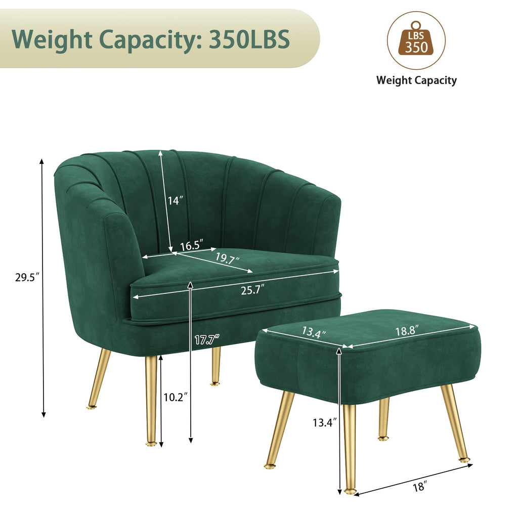Velvet Accent Chair with Ottoman, Upholstered Modern Single Sofa Side Chair,Comfy Barrel Club Living Room Armchair with Golden Metal Legs for Bedroom Living Reading Room Office, Green