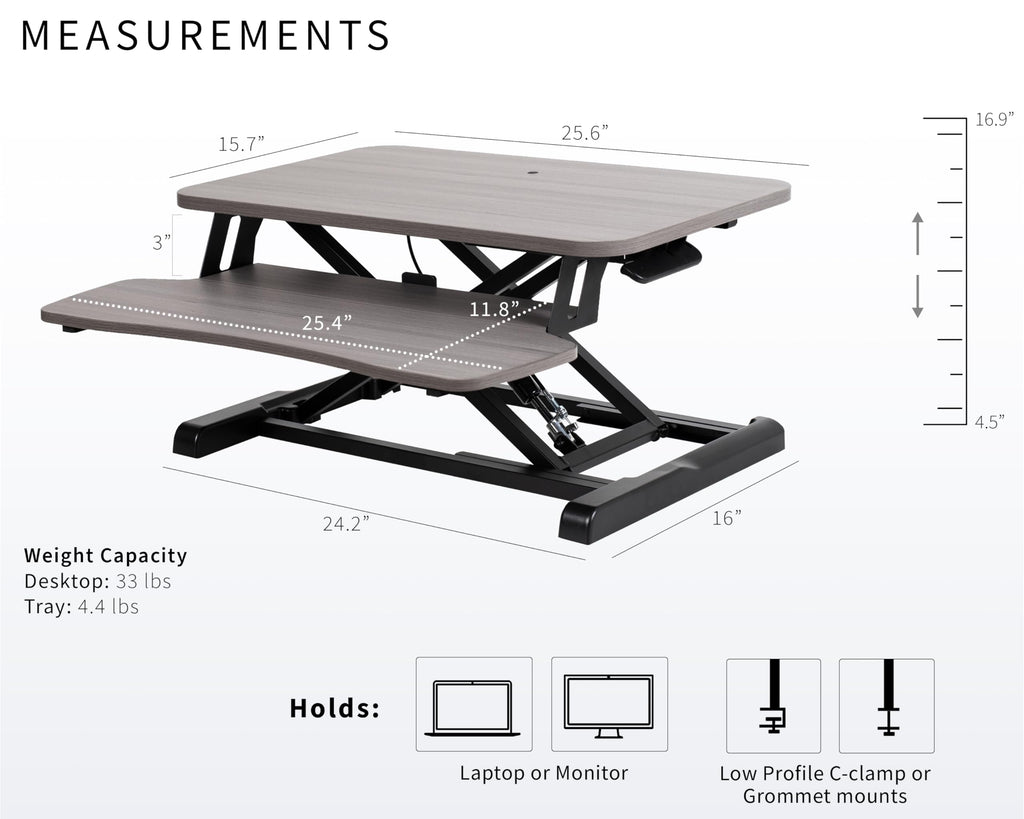 26 inch Desk Converter, K Series, Height Adjustable Sit to Stand Riser, Dual Monitor and Laptop Workstation with Keyboard Tray, Gray Top, Black Frame, DESK-V026KG