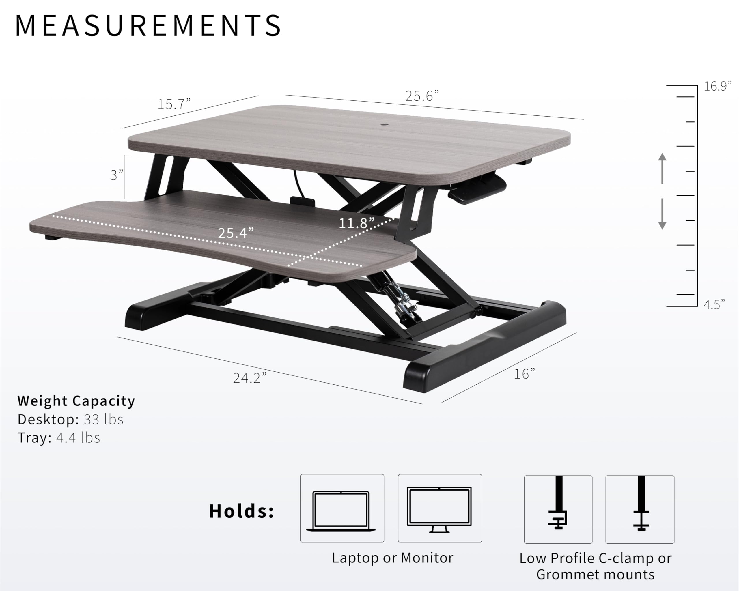 26 inch Desk Converter, K Series, Height Adjustable Sit to Stand Riser, Dual Monitor and Laptop Workstation with Keyboard Tray, Gray Top, Black Frame, DESK-V026KG