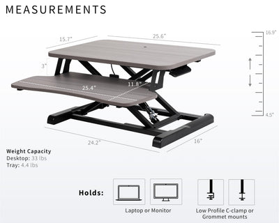 26 inch Desk Converter, K Series, Height Adjustable Sit to Stand Riser, Dual Monitor and Laptop Workstation with Keyboard Tray, Gray Top, Black Frame, DESK-V026KG