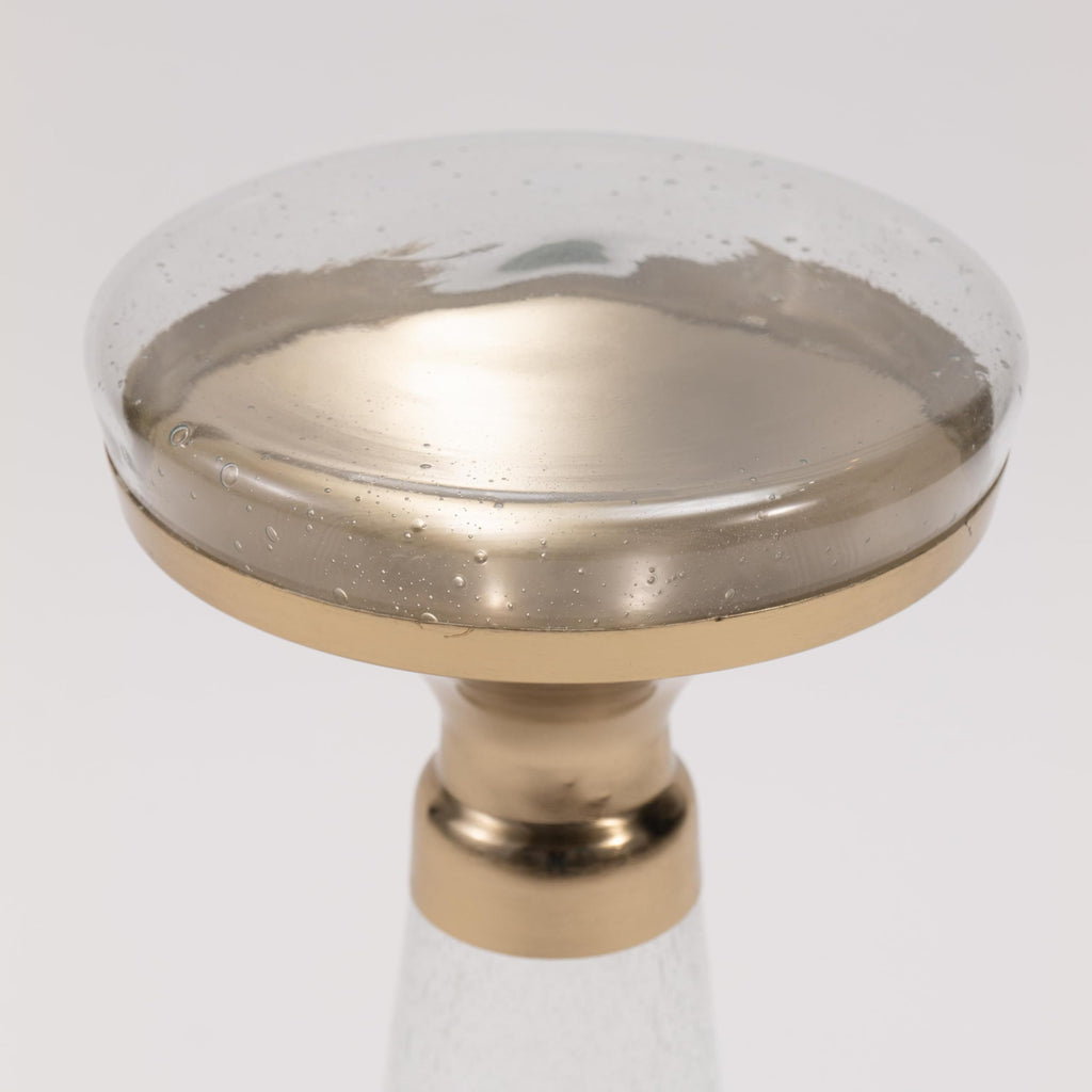 Modern Decorative Round Drink Table with Glass Base and Top with Gold Metal Accent, Martini, Gold Pedestal Table, Tall Side Table, Small Space end Table, for Living Room & Bedroom, Clear,Assembled
