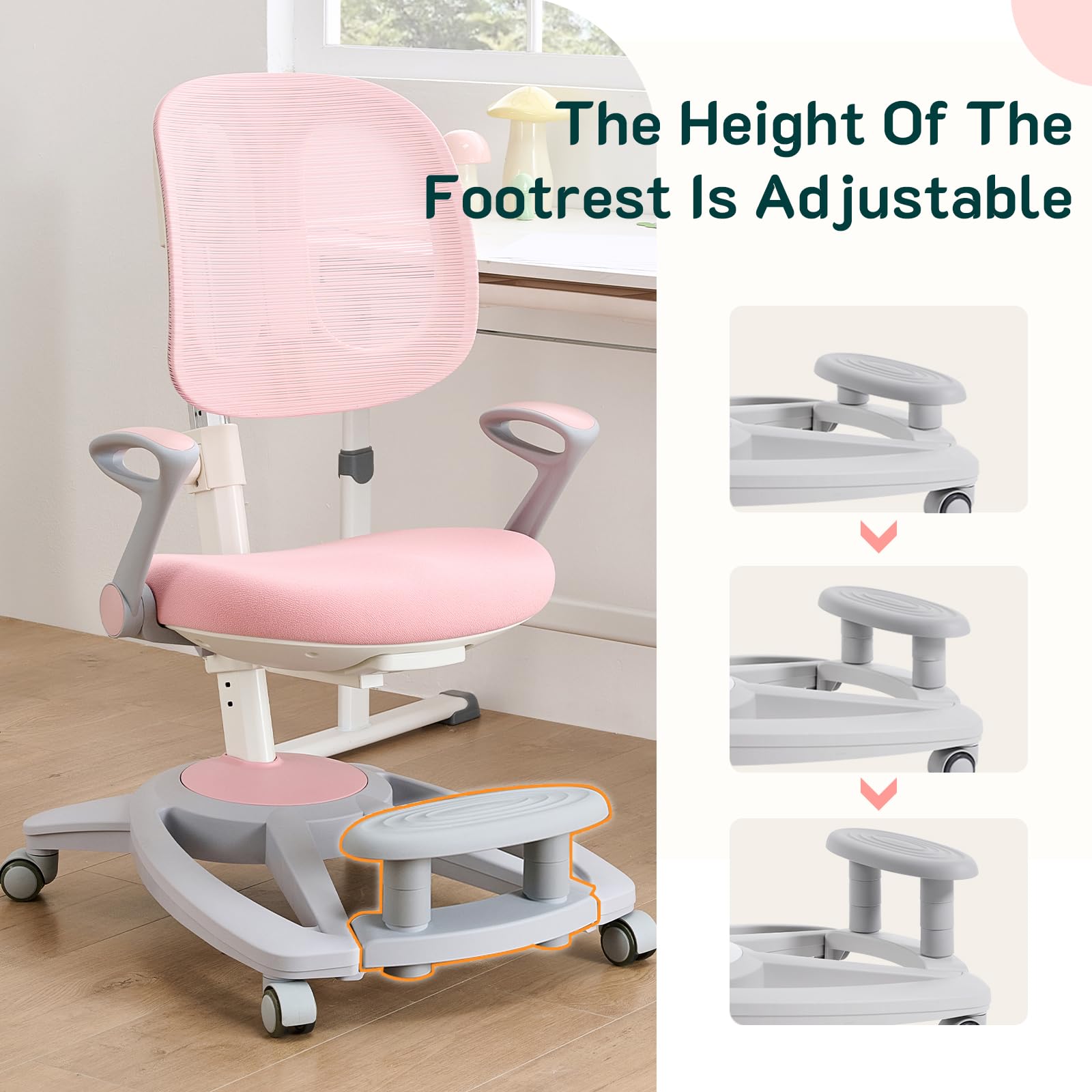 Ergonomic Kids Desk Chair with Footrest & Height-Adjustable Seat, Multifunctional for Study, Work & Dining – Comfy Cushion & Smooth Wheels for Boys & Girls （Pink）
