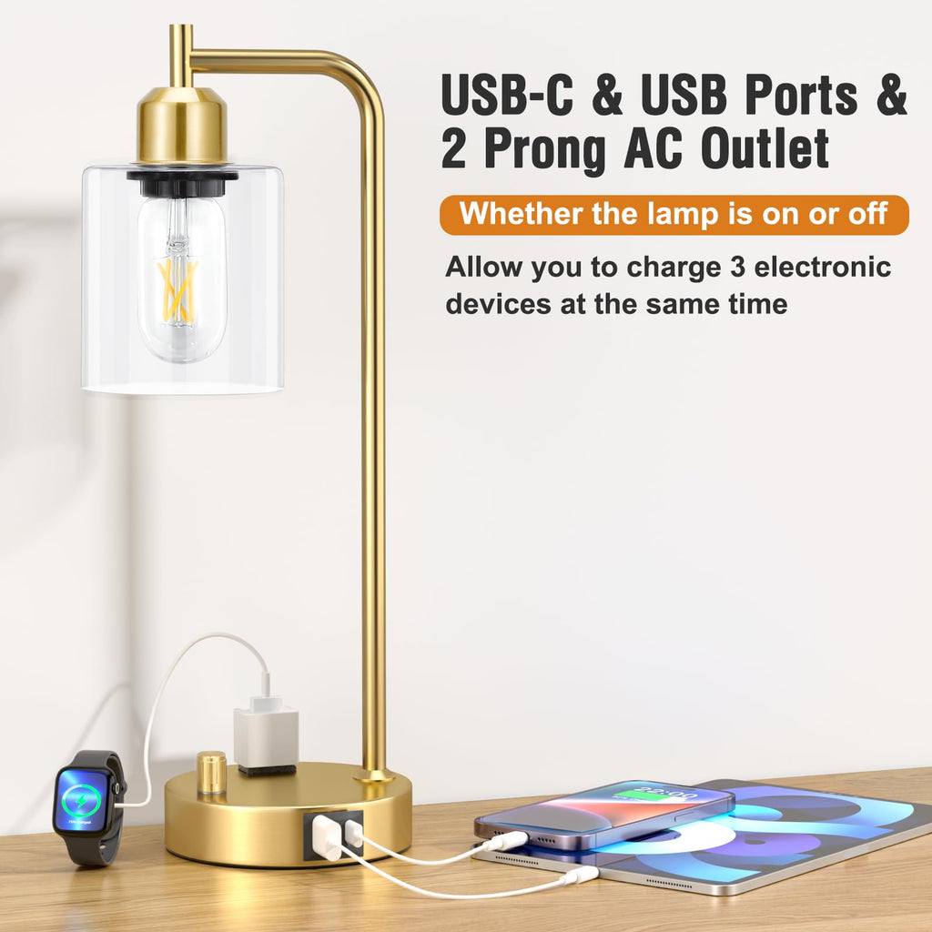Industrial Table Lamp for Bedroom Set of 2 - Fully Dimmable Bedside Lamps with USB Ports and Outlet, Gold Nightstand Lamps with Clear Glass Shade for Living Room, Desk Lamps for Office Reading