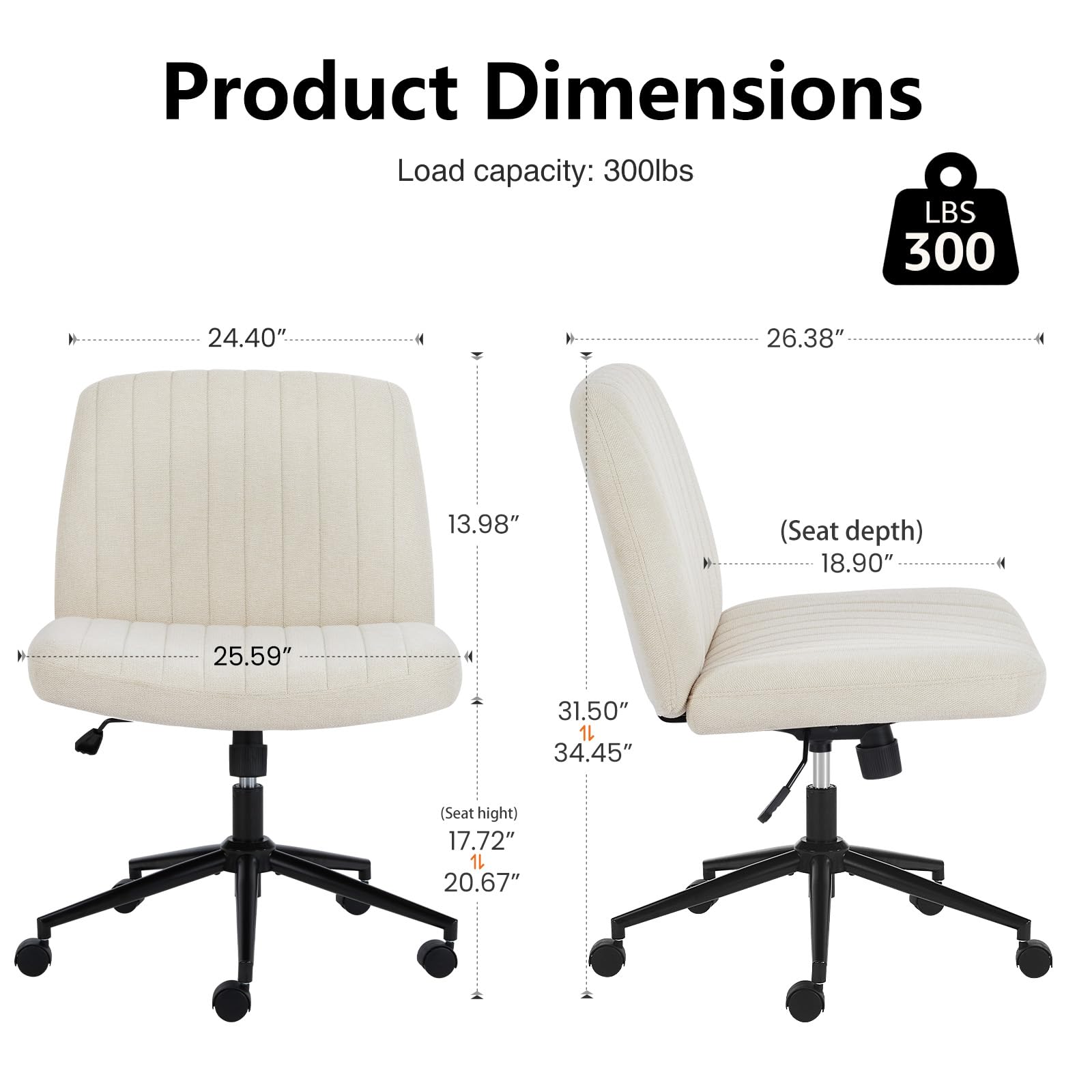 Criss Cross Chair with Wheels Wide Cross Legged Office Desk Vanity Chair Comfy Fabric Armless Adjustable Swivel for Home Computer Task Fabric Beige