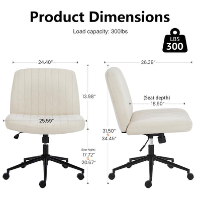 Criss Cross Chair with Wheels Wide Cross Legged Office Desk Vanity Chair Comfy Fabric Armless Adjustable Swivel for Home Computer Task Fabric Beige