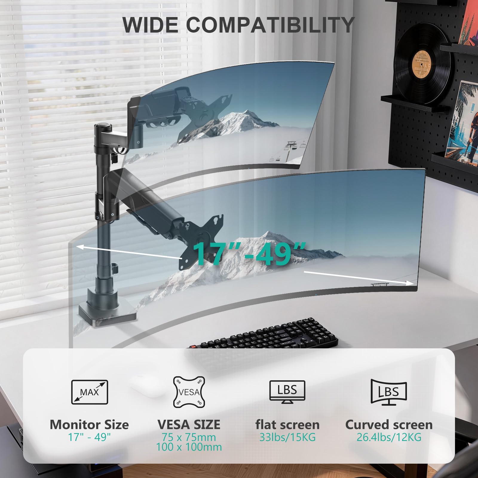 Vertical Dual Monitor Mount for 17-49 inch Ultrawides Curved Screens, Heavy Duty Stacked Dual Monitor Stand for Desk, Adjustable Ultrawide Monitor Arm up to 33lbs, VESA Mount 75/100mm, Black