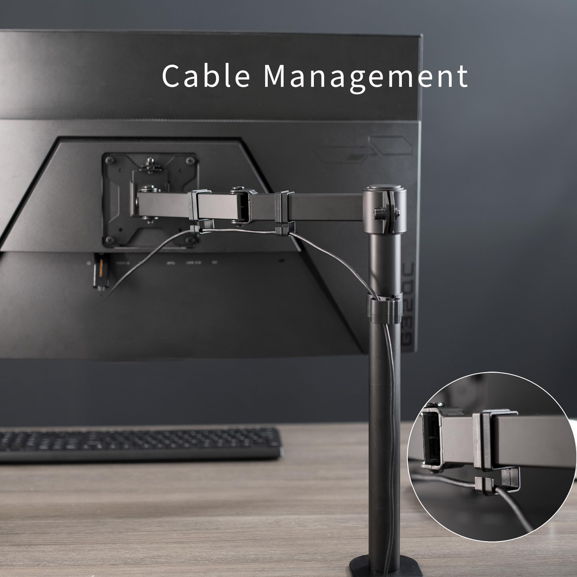Single 13 to 38 inch Ultrawide Monitor Arm Desk Mount, Regular Screens up to 32 inches, 22 lbs capacity, Fully Adjustable Stand with C-Clamp and Grommet Base, Black, STAND-V001