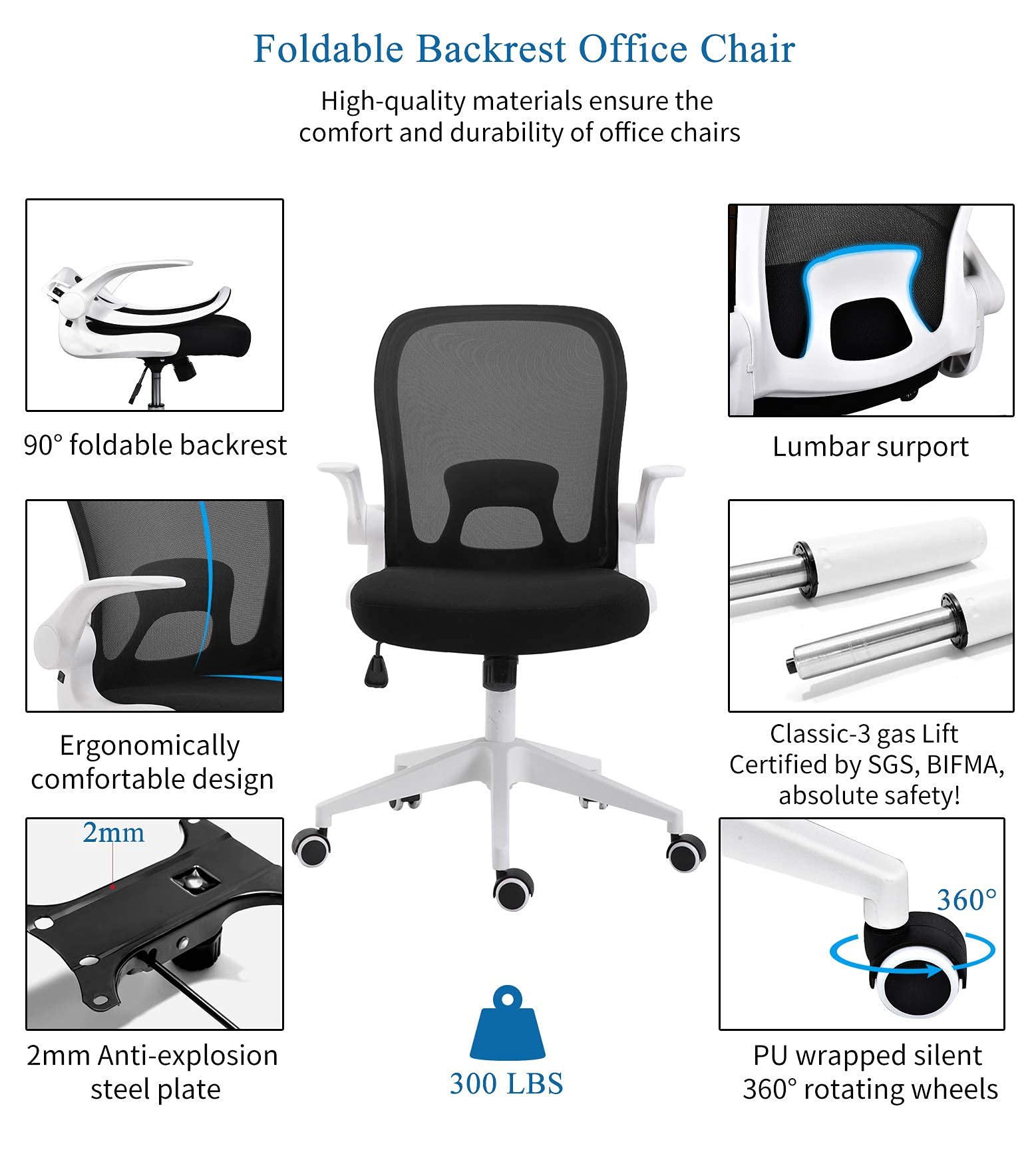 Foldable Office Chair - Home Office Desk Chairs with Wheels and Flip-Up Arms - Ergonomic Backrest Mesh Computer Chair Adjustable Swivel Rolling Home Executive (White)
