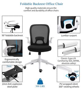 Foldable Office Chair - Home Office Desk Chairs with Wheels and Flip-Up Arms - Ergonomic Backrest Mesh Computer Chair Adjustable Swivel Rolling Home Executive (White)