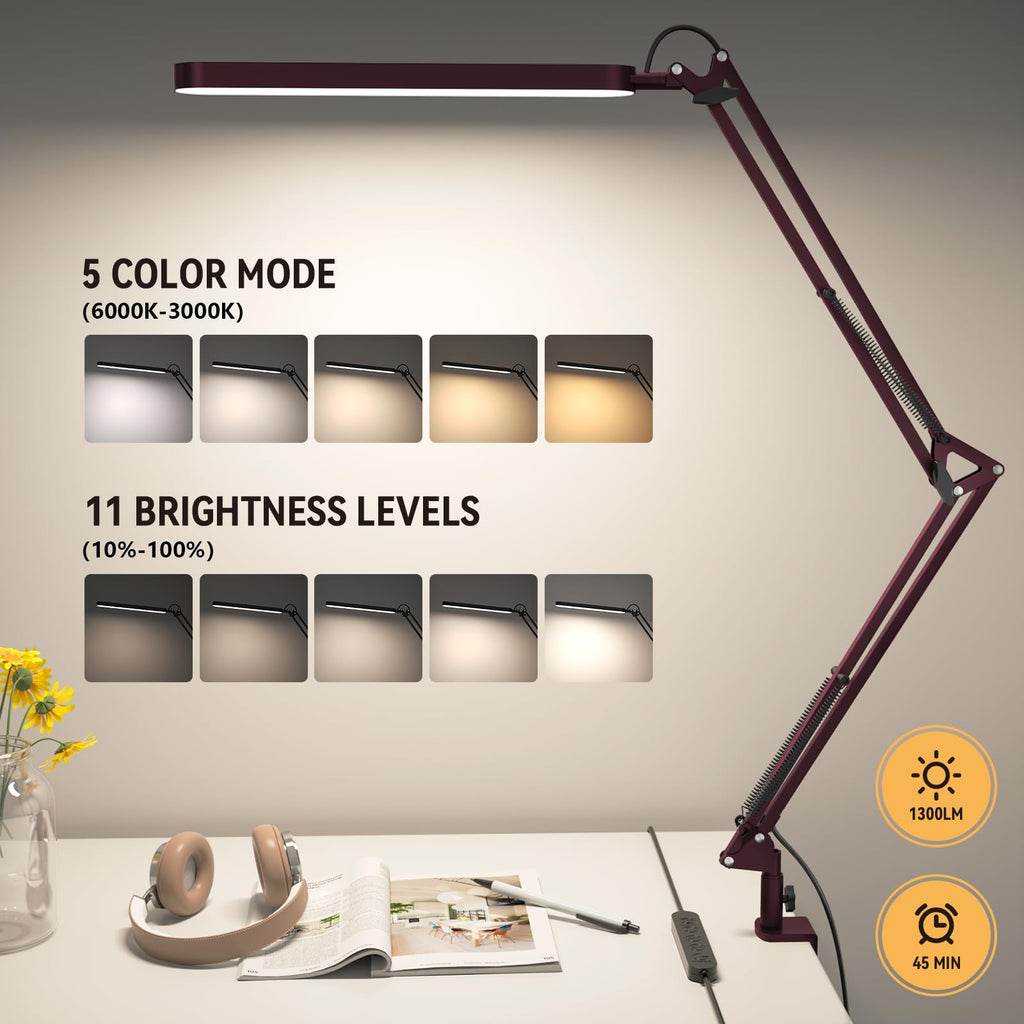 Desk Lamp - LED Desk Light - 5 Color Modes X 11 Brightness Levels - Adjustable Swing Arm - Timmer & Memory Function - 12W Lamp for Desk - Red