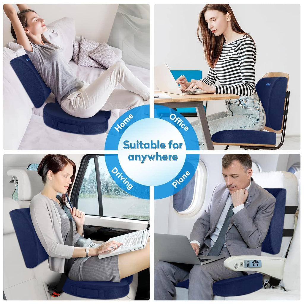 Lumbar Support Pillow & Seat Cushion Set for Office Chair, Desk Chair, Wheelchair & Car – Memory Foam Back Support, Ergonomic Chair Cushions, Sciatica Pain Relief, Home Essentials, Blue