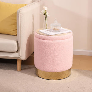 Sherpa Round Ottoman Set of 2 with Storage, 12 Gallon Hidden Storage Ottoman, Multi-Functional Footrest Stool, Vanity Seat, Coffee Table, No Assembly Required, Holds 300lbs (Teddy Pink)