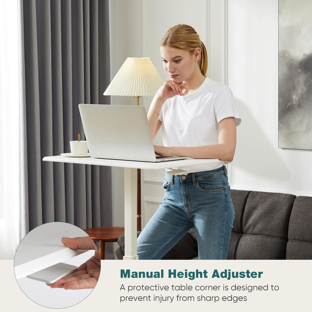 Mobile Small Standing Desk, Portable Rolling Laptop Desk with 2 Lockable Wheels, Adjustable Height Computer Workstation for Home Office, 19 Inch White