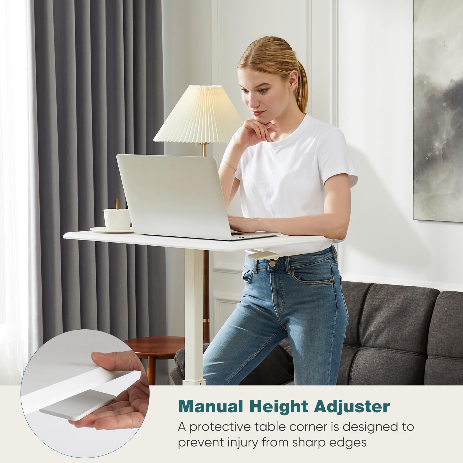 Mobile Small Standing Desk, Portable Rolling Laptop Desk with 2 Lockable Wheels, Adjustable Height Computer Workstation for Home Office, 19 Inch White