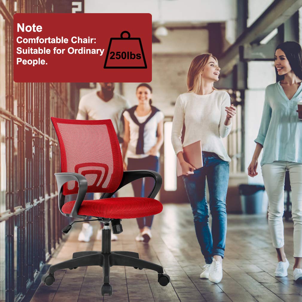 Ergonomic Office Chair | Mid-Back Swivel Desk Chair | Breathable Backrest & Lumbar Support | Adjustable Height | Sponge Seat | Rolling Wheels | Red | for Adults & Women