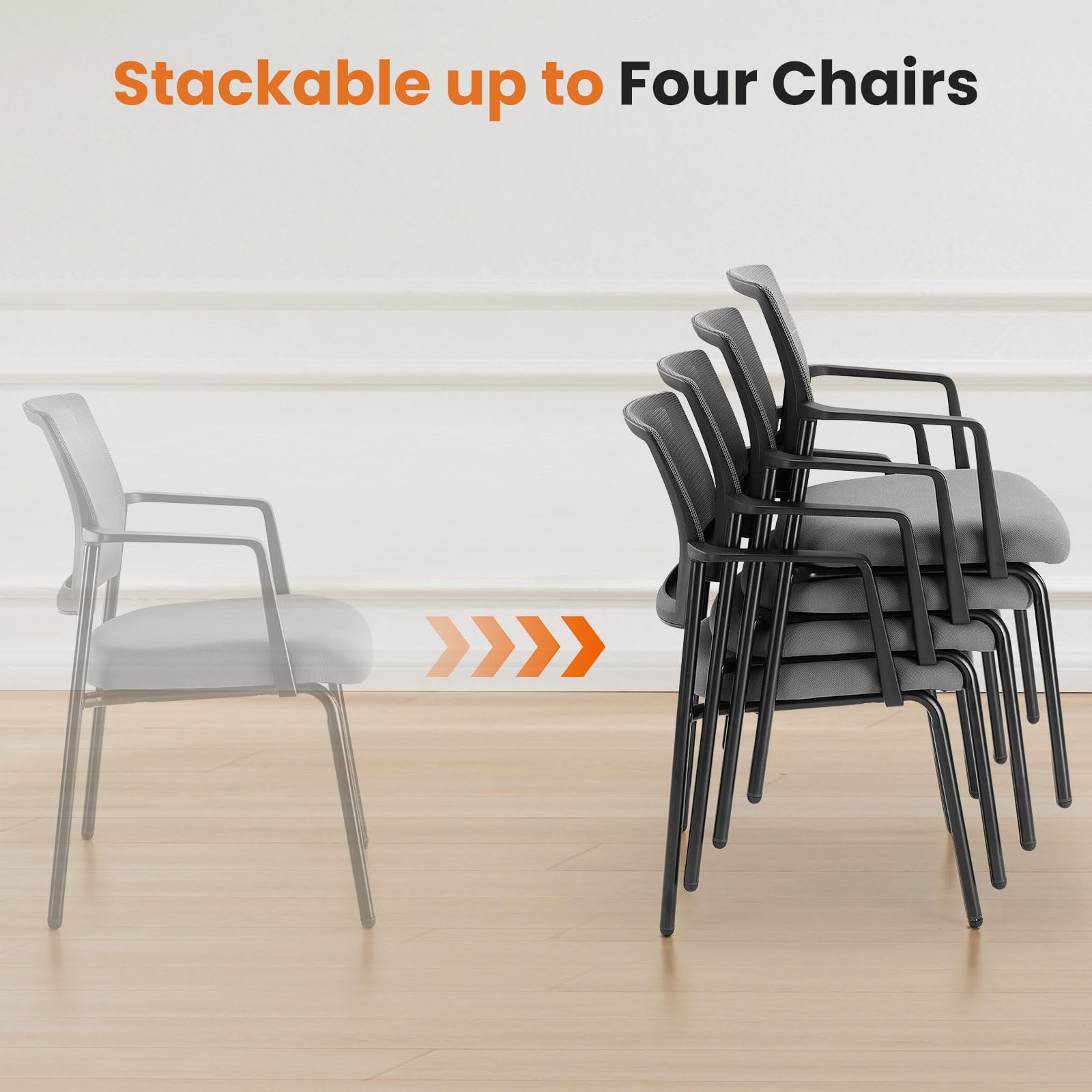 Mesh Back Stacking Arm Chairs, Office Reception Guest Chair with Upholstered Fabric Seat and Ergonomic Lumber Support, Sturdy Metal Office Chairs, Grey-1pack