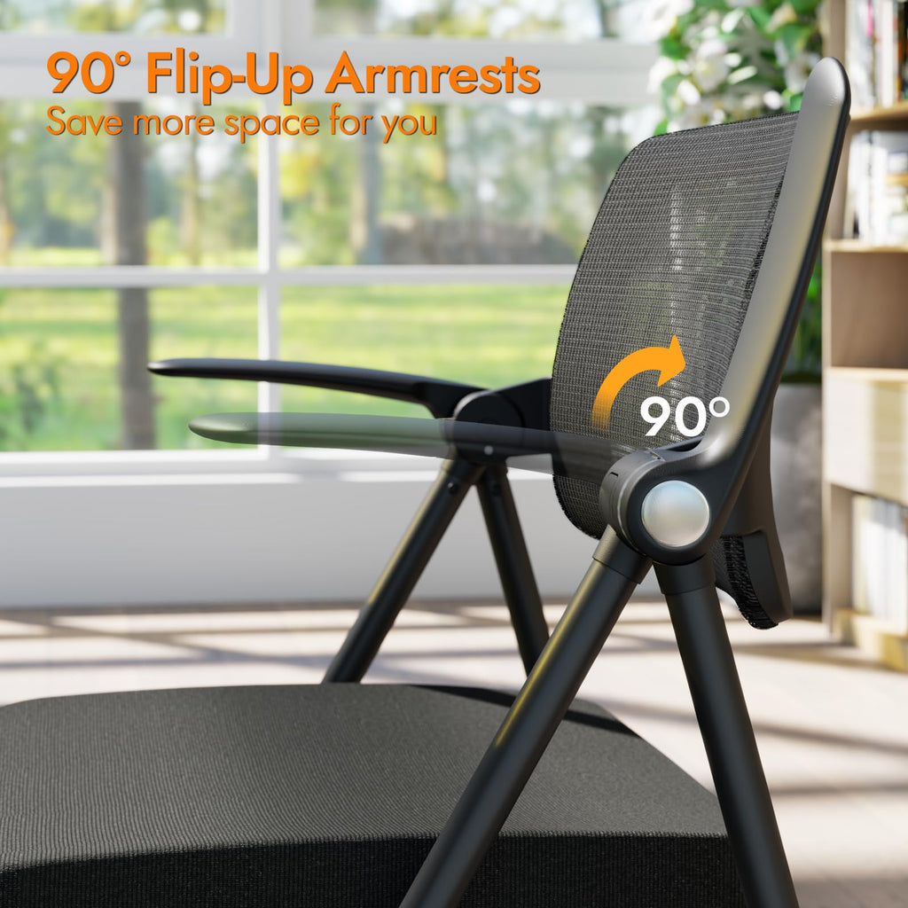 Stackable & Foldable Office Chair Set of 2, Folding Desk Chair with Flip-Up Armrest, Breathable Mesh, Thick Seat Cushion & Rocking Backrest, Conference Room Chair with Wheel (Black)