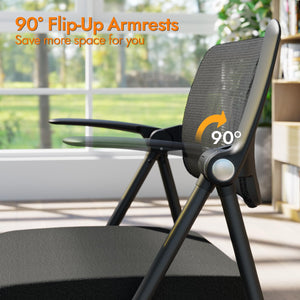 Stackable & Foldable Office Chair Set of 2, Folding Desk Chair with Flip-Up Armrest, Breathable Mesh, Thick Seat Cushion & Rocking Backrest, Conference Room Chair with Wheel (Black)