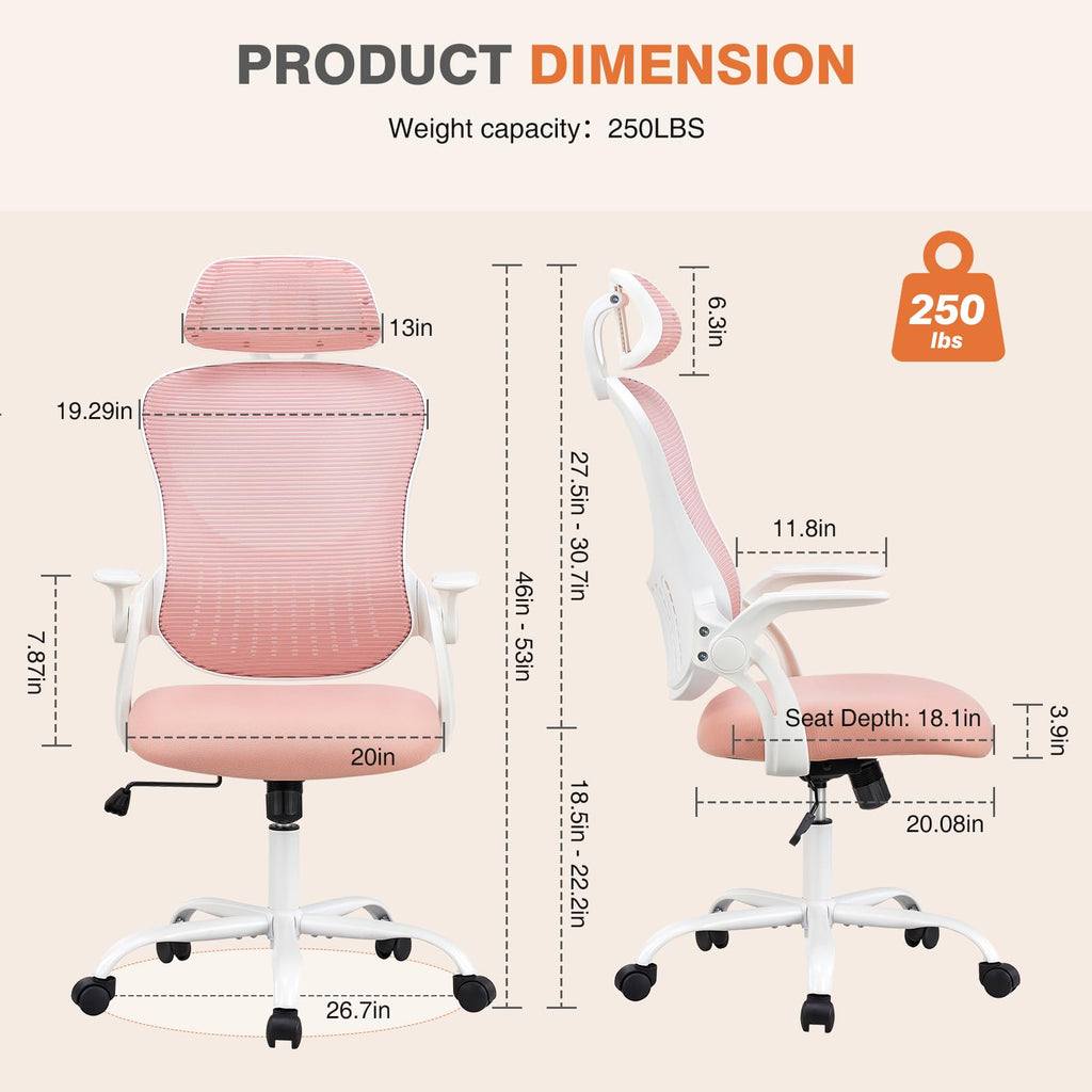 Home Office Managerial Executive Chair, High-Back Mesh with Adjustable Headrest, Flip-up Armrest Comfortable Lumbar Support, Comfy Arms for Bedroom,Study,Student