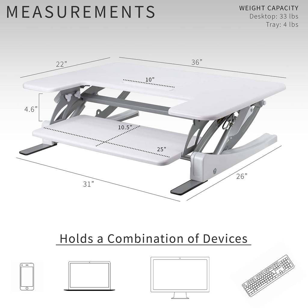 36 inch Height Adjustable Stand Up Desk Converter, V Series, Quick Sit to Stand Tabletop Dual Monitor Riser Workstation, White, DESK-V000VW