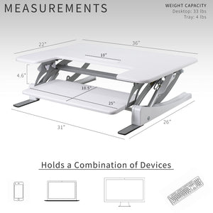 36 inch Height Adjustable Stand Up Desk Converter, V Series, Quick Sit to Stand Tabletop Dual Monitor Riser Workstation, White, DESK-V000VW