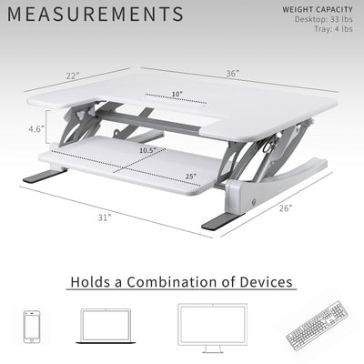 36 inch Height Adjustable Stand Up Desk Converter, V Series, Quick Sit to Stand Tabletop Dual Monitor Riser Workstation, White, DESK-V000VW