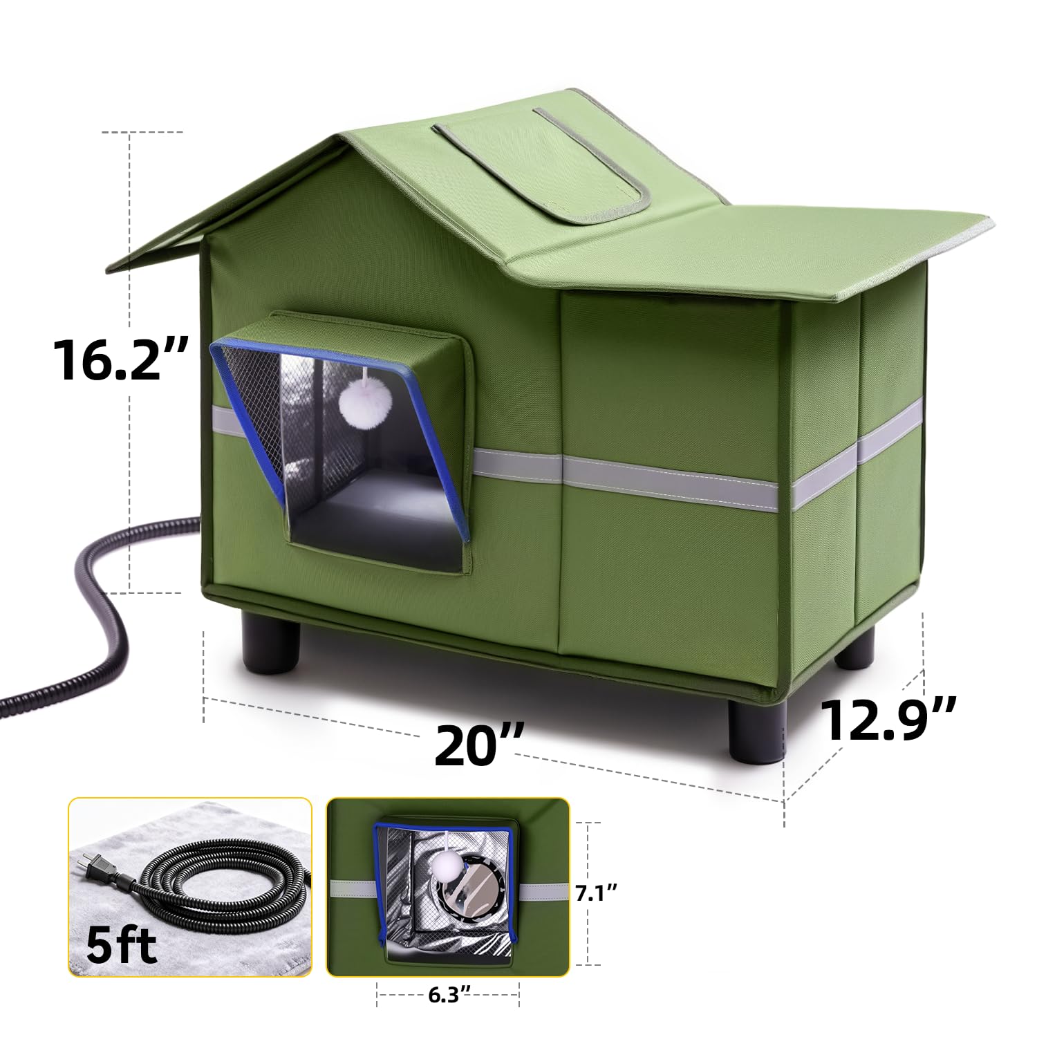 Heated Cat Shelter for Outside, Large Outdoor Cat House with Roof Window and Cozy Cushion, Weatherproof Foldable and Easy Assembly Design, Ideal for Stray and Feral Cats
