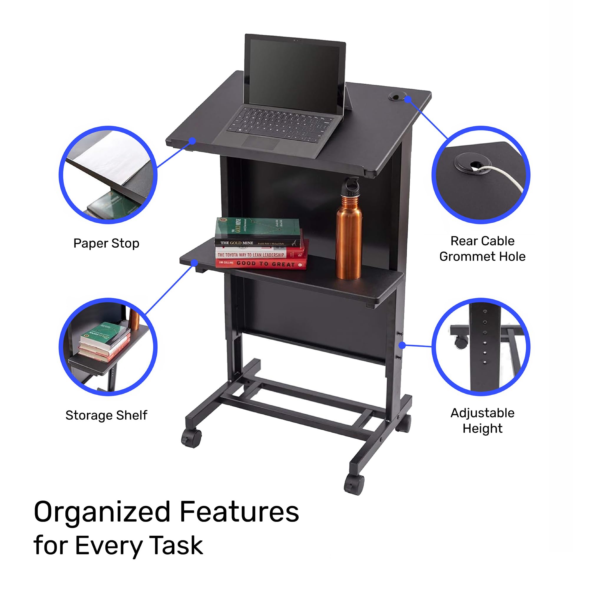 Stand Up Adjustable Height Lectern Podium | Rolling Desk with Storage Shelf | Ergonomic Standing Desk Frame for Office, Classroom, Laptop, Teaching, Presentations & More (Black)