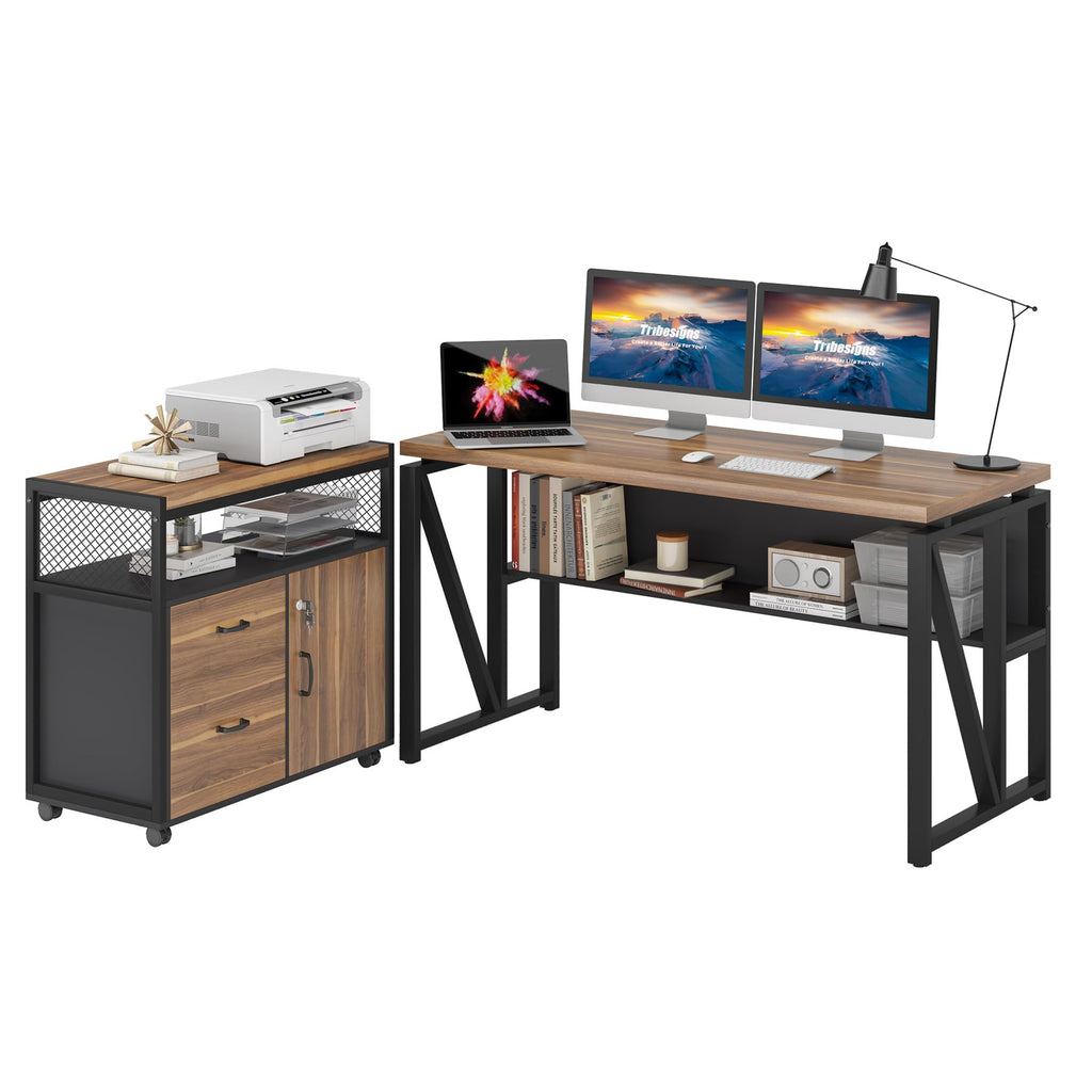 55" Executive Desk with Reversible File Cabinet, Large L-Shaped Office Desk with Drawers, Business Furniture Workstation for Home Office (Dark Walnut, 55-inch)