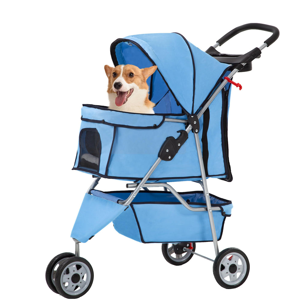 Pet Stroller 3-Wheel Durable Foldable Cat Dog Stroller with Washable Liner Storage Basket Cup Holder,Blue