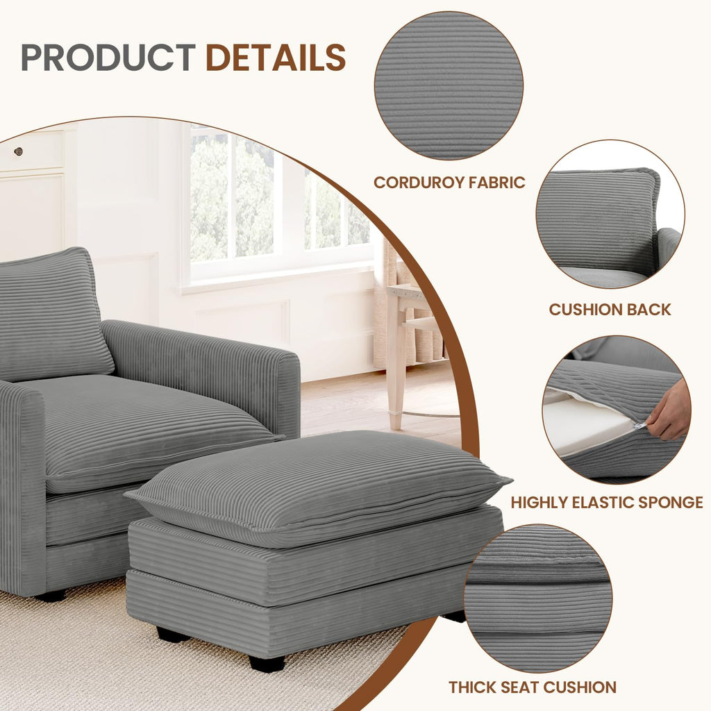 Single Armchair with Ottoman, Modern Corduroy Cloud Couch with Convertible Chaise, Upholstered Sofa Set for Living Room and Office, Dark Grey