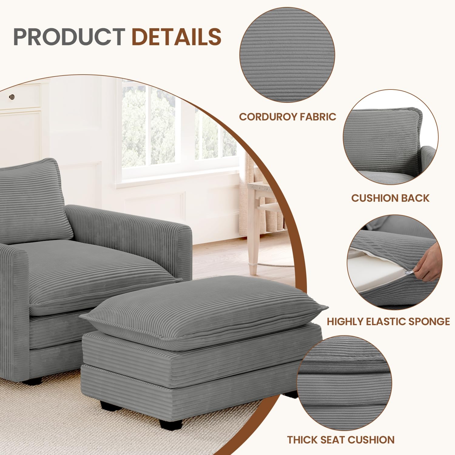 Single Armchair with Ottoman, Modern Corduroy Cloud Couch with Convertible Chaise, Upholstered Sofa Set for Living Room and Office, Dark Grey