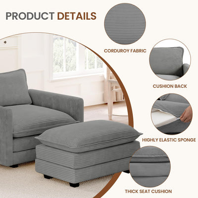 Single Armchair with Ottoman, Modern Corduroy Cloud Couch with Convertible Chaise, Upholstered Sofa Set for Living Room and Office, Dark Grey