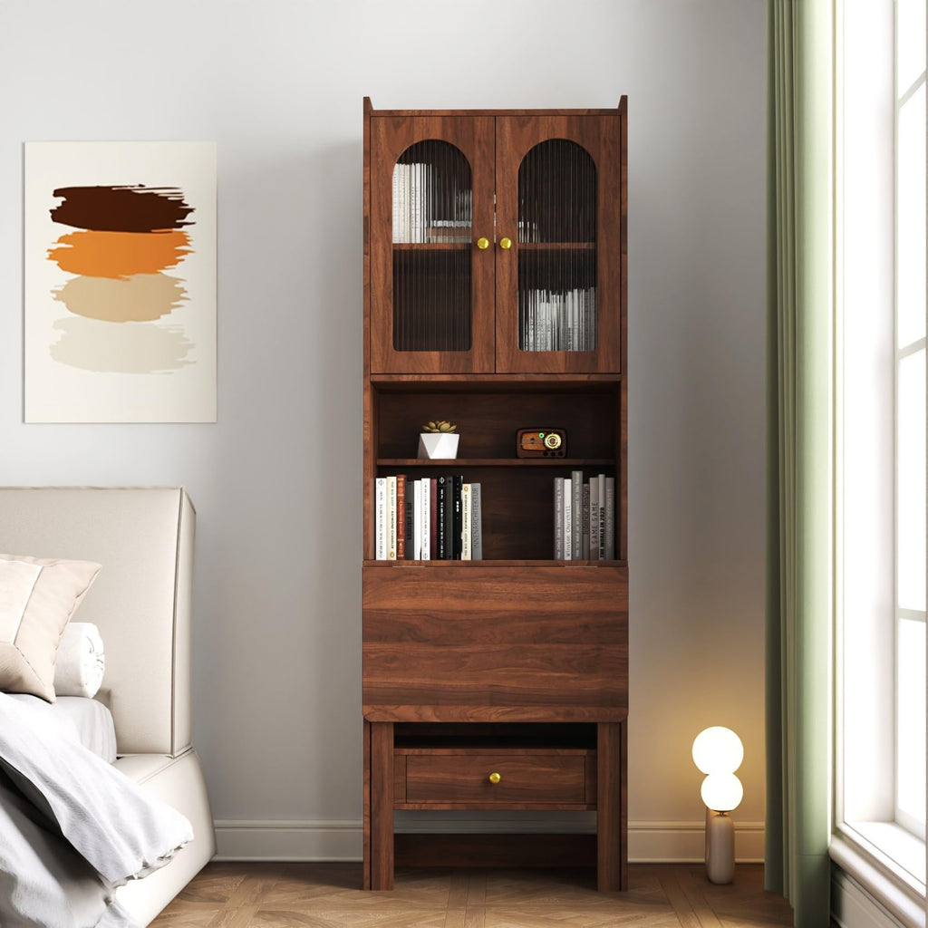 Fold-Out Home Office Desks Writing Table with Glass Doors, Drawers, Bookshelf & Storage Shelves, Modern Wooden Convertible Workstation for Work, Study