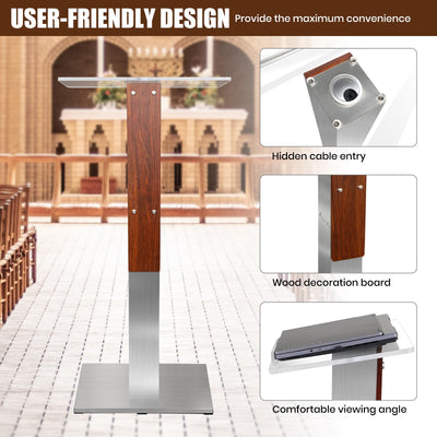 Stainless Steel Podium Stand with Acrylic Reading Surface & Hidden Cable Entry, Professional Modern Podium Stand with Wood Decoration for Church, Podium Stand for Church, Conference, Speech, Wedding