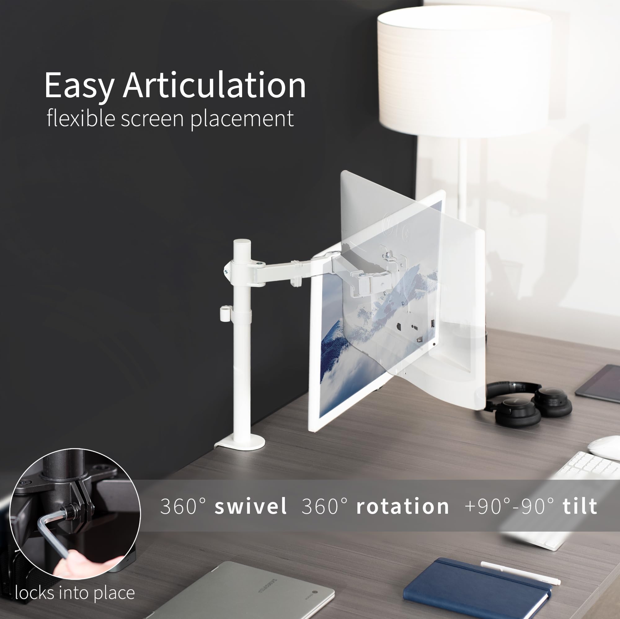 Single Monitor Arm Desk Mount, Holds Screens up to 32 inch Regular and 38 inch Ultrawide, Fully Adjustable Stand with C-Clamp and Grommet Base, VESA 75x75mm or 100x100mm, White, STAND-V001W
