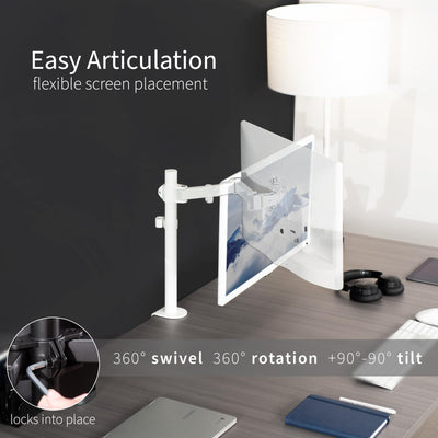 Single Monitor Arm Desk Mount, Holds Screens up to 32 inch Regular and 38 inch Ultrawide, Fully Adjustable Stand with C-Clamp and Grommet Base, VESA 75x75mm or 100x100mm, White, STAND-V001W
