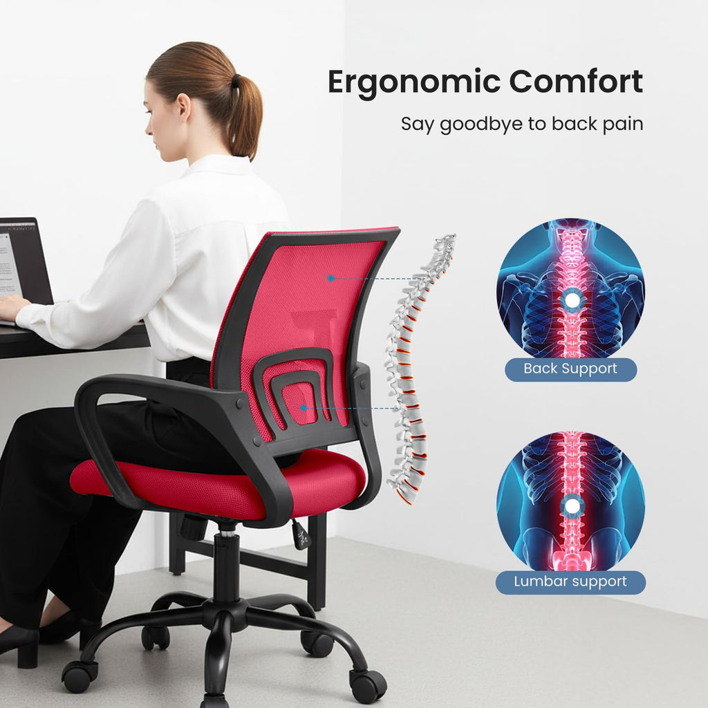 2 Pack, Office Desk Chair - Ergonomic Mid Back with Lumbar Support & Rocking Mode, Height Adjustable with Fixed Armrest, for Home, Computer, Gaming, Conference, Meeting Room, 360° Swivel, Red,