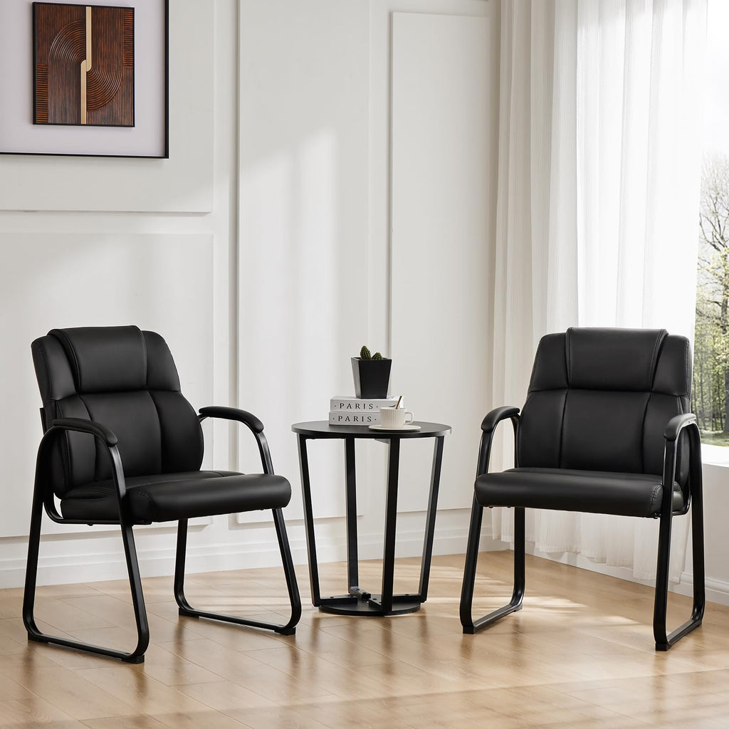 Waiting Room Guest Chair Set of 2, Stationary Office Reception Chairs No Wheel, Comfy Padded Arms and Seld Base, for Conference Room Lobby Home Computer Desk Bedroom Elderly, Deep Black