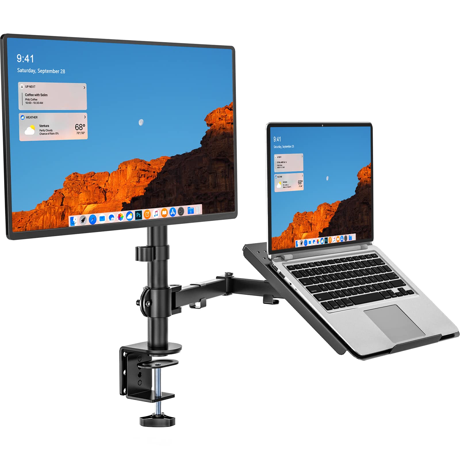Dual Arm Laptop and Monitor Desk Mount for 17" Notebook and Up to 27" Screen, Fully Adjustable Monitor Arm with Laptop Tray, VESA 75x75 100x100, Holds up to 22 lbs, Black (M001LP)