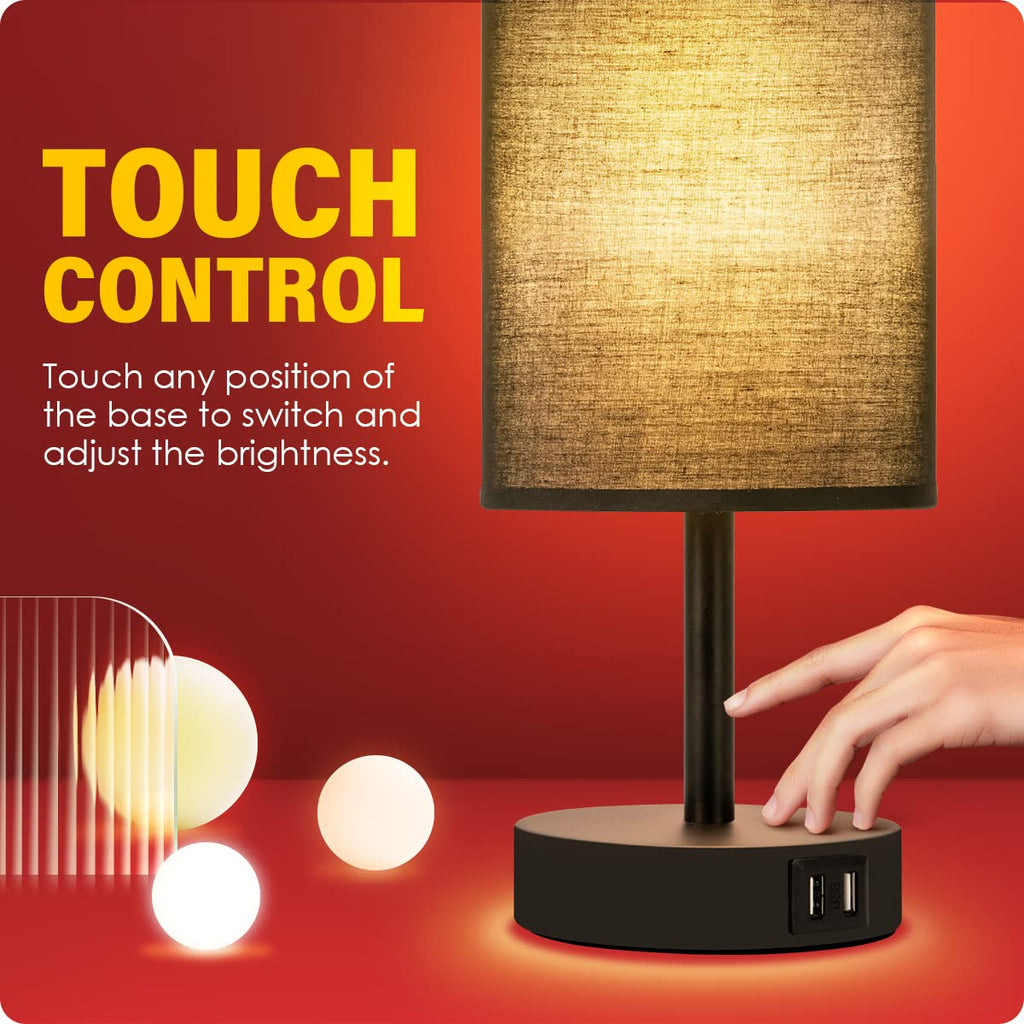 Bedside Lamp with USB Port - Touch Control Table Lamp for Bedroom 3 Way Dimmable Nightstand Lamp with Round Black Fabric Shade for Living Room, Dorm, Home Office (LED Bulb Included)