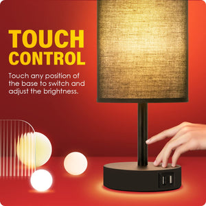Bedside Lamp with USB Port - Touch Control Table Lamp for Bedroom 3 Way Dimmable Nightstand Lamp with Round Black Fabric Shade for Living Room, Dorm, Home Office (LED Bulb Included)
