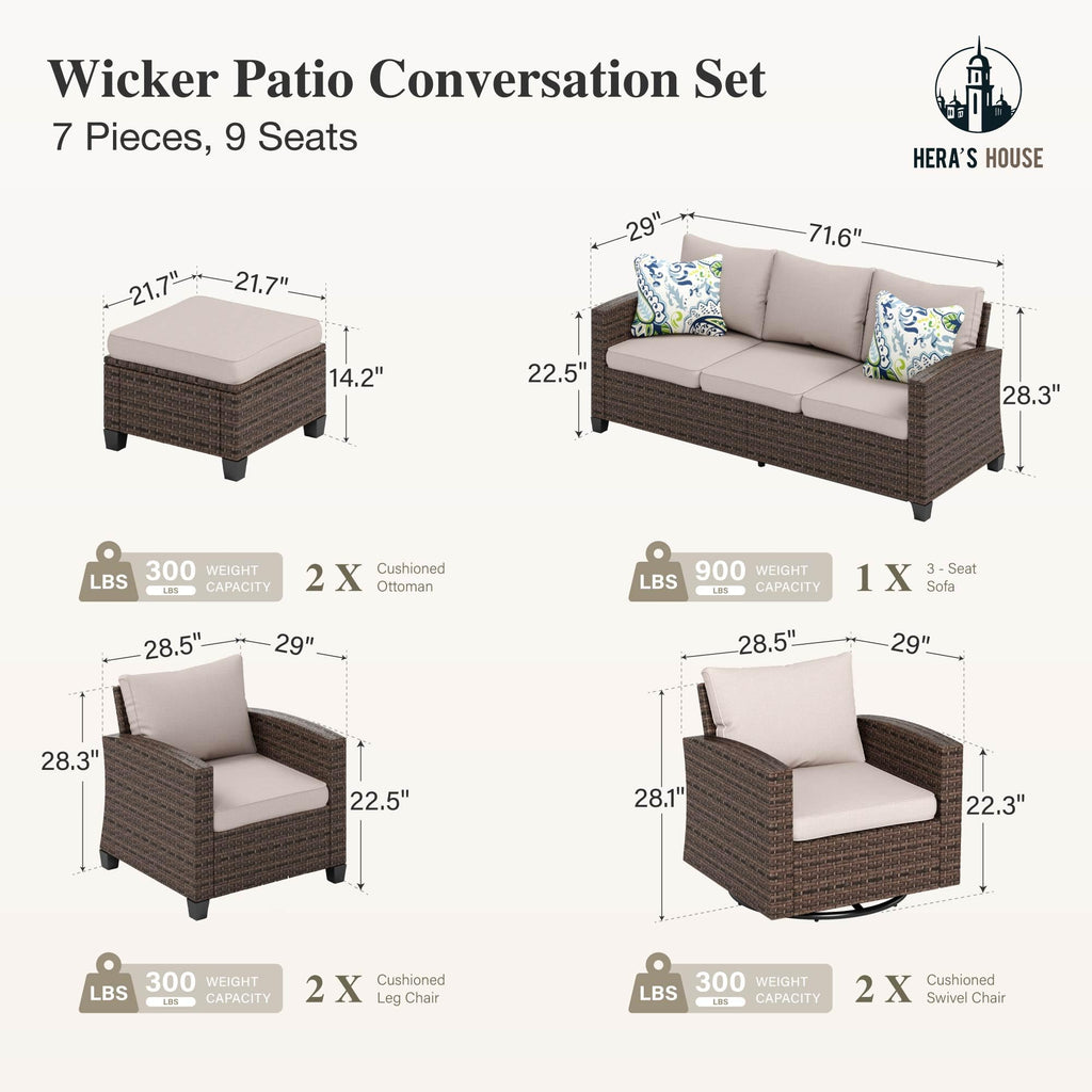 Swivel Glider Patio Furniture Set, 7 Pieces Wicker Outdoor Seating Furniture, Patio Conversation Sofa Sets for Lawn Backyard Deck, Beige
