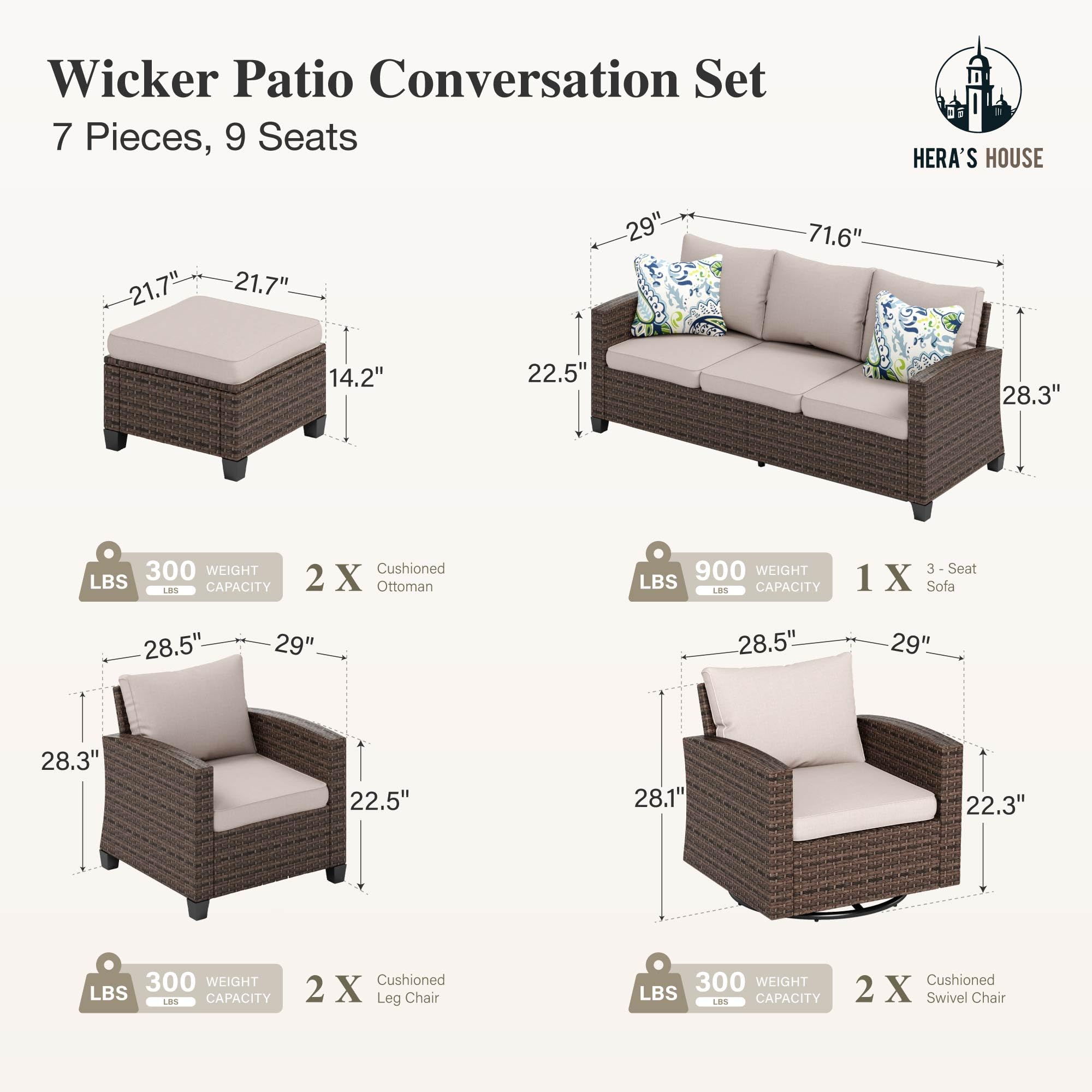 Swivel Glider Patio Furniture Set, 7 Pieces Wicker Outdoor Seating Furniture, Patio Conversation Sofa Sets for Lawn Backyard Deck, Beige